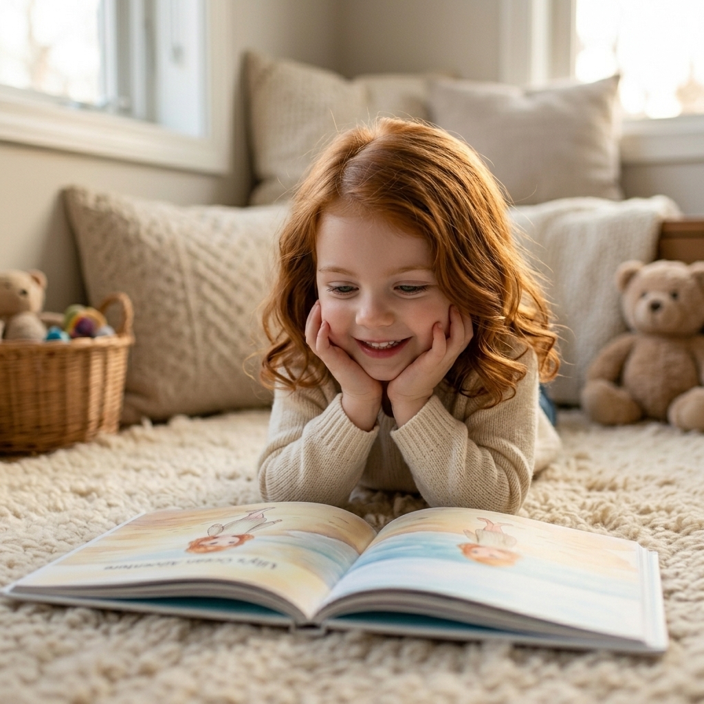 A child reading her personalized StoryNest book and smiling