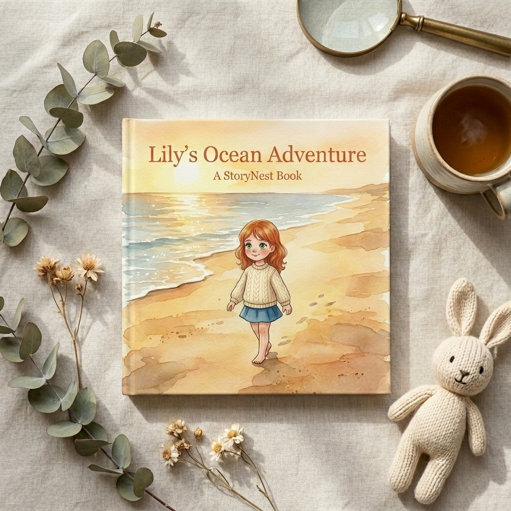 A finished StoryNest hardcover book styled on a table